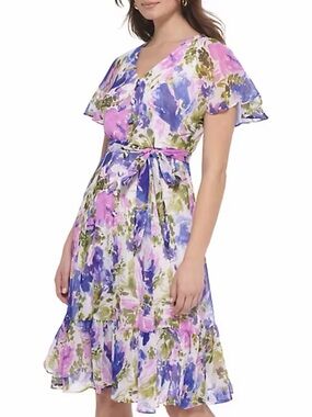 NWT Calvin Klein Floral Belted Flowy Midi Dress - Size 10